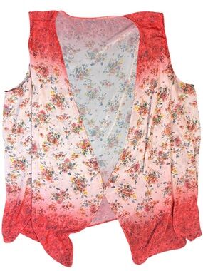 Plus Size 3X Coral Floral Sheer Open Front Kimono Vest Cardigan Boho Lightweight